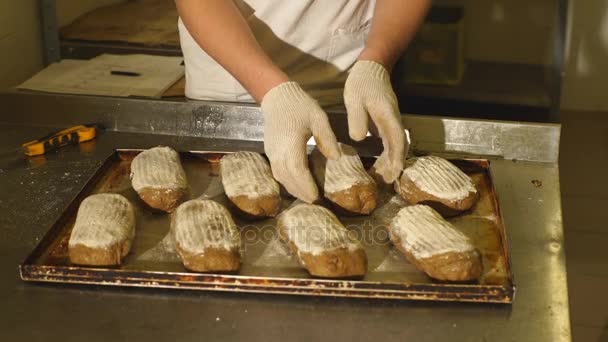 Provando massa de farelo no cesto. Soldado Bakery. Pão de produção . — Vídeo de Stock