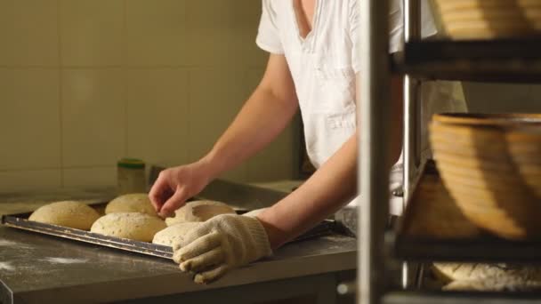 Пекарь делает ручные надрезы на тесте для хлеба. Мануфактура хлебобулочных изделий — стоковое видео
