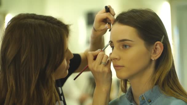 Joven hermosa mujer aplicando maquillaje por maquillador — Vídeos de Stock
