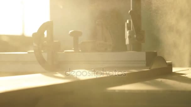 Hombre carpintero molinos de la pieza de madera por una máquina de pulir en su taller en casa — Vídeos de Stock