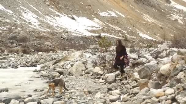 Belle jeune voyageur se promène le long de la rivière de montagne, montagnes en arrière-plan — Video