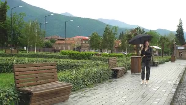 Young woman walking under an umbrella — Stock Video