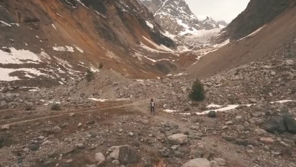 Ghiacciaio, colpo da un elicottero, tiro al drone, donna viaggiatore ghiacciaio sullo sfondo — Video Stock