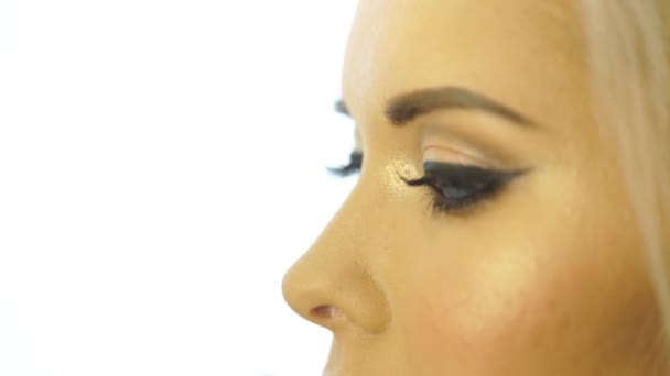 Bela menina lábios close-up, make-up artista aplica escova de batom para maquiagem, lábios cheios, uma mulher em um salão de beleza — Vídeo de Stock