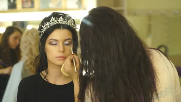 Молода красива жінка застосовує макіяж художника — стокове відео