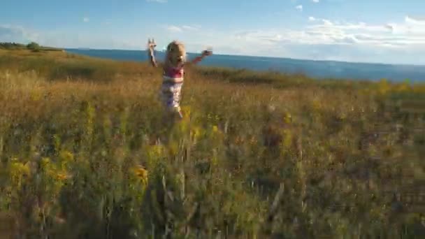 Schattig klein meisje loopt in de handen van de ouders — Stockvideo