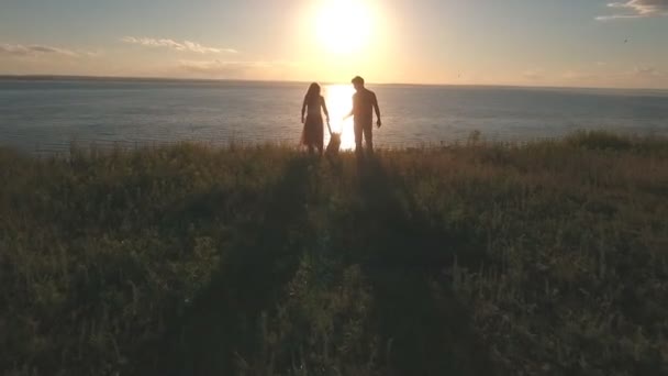 Feliz mamá y papá están en el borde del acantilado y levantar las manos de sus hijas contra el mar y la puesta de sol — Vídeo de stock