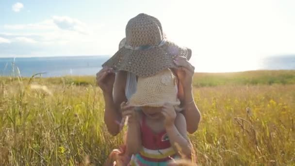 Feliz madre con hija pequeña sentarse en el campo y tontear — Vídeos de Stock