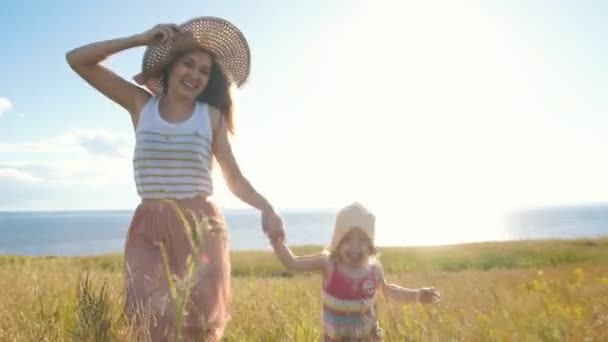 Gelukkig moeder met dochtertje die dwars over het veld — Stockvideo
