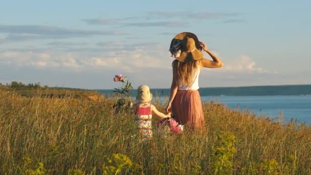 Glückliche Mutter mit kleiner Tochter rennt über das Feld — Stockvideo