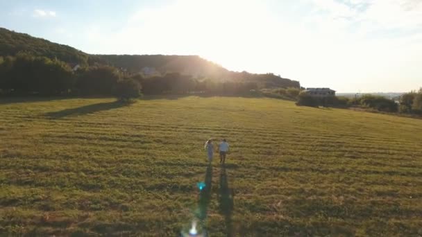 Tiro aereo, una giovane coppia innamorata che corre per il campo tenendosi per mano — Video Stock