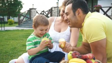 mutlu genç aile Çimlerde piknik
