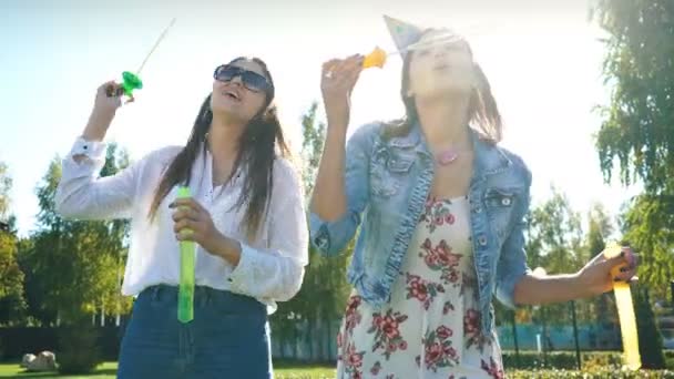 Two carefree young girlfriends having fun together blowing bubbles — Stock Video