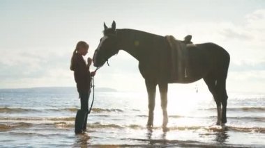 Bir at bir gölde yanında duran güzel bir kız. Harika bir manzara
