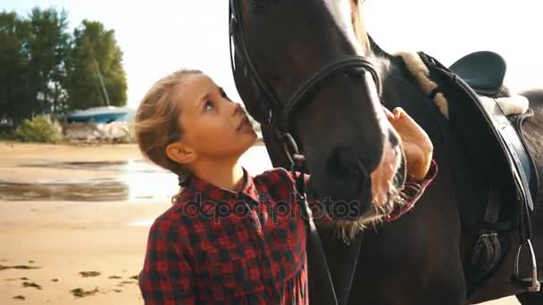 美しい少女は、ビーチで彼女の馬を気遣います。女の子に焦点を当てる. — ストック動画