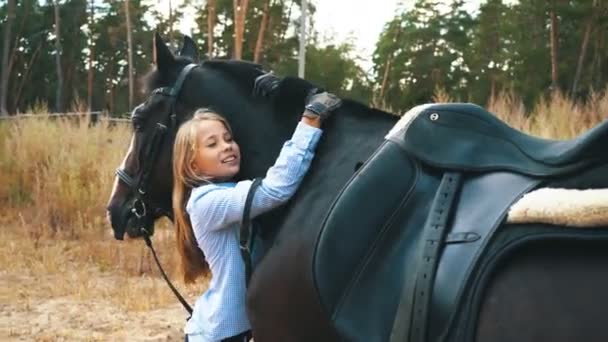 Komunikacja - młoda dziewczyna i koń gniady w drewnie — Wideo stockowe