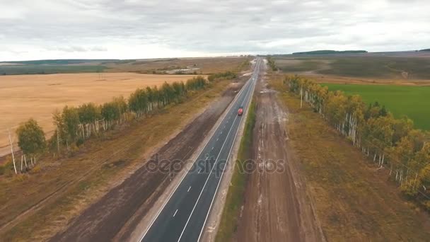 Воздушный вид на пути между сельскохозяйственными полями — стоковое видео