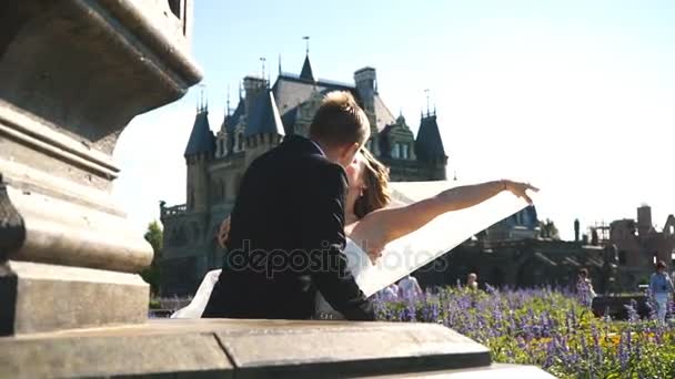 The bride and groom kissing in front of an ancient castle — Stock Video