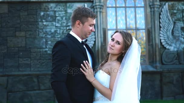 Hermoso novio romántico y hermosa novia rubia posando cerca del viejo castillo de pared — Vídeo de stock