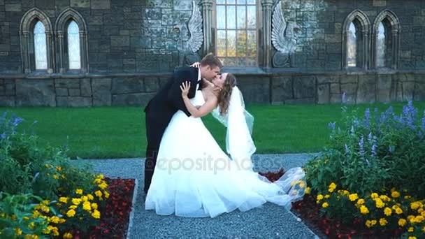 Schöne wunderschöne Braut und Bräutigam, die im sonnigen Park spazieren gehen und sich küssen. Glückliches Hochzeitspaar umarmt sich im grünen Garten am alten Schloss — Stockvideo