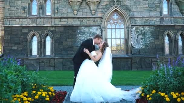 Vackra vackra bruden och brudgummen promenader i solig park och kyssar. lyckliga bröllopsparet kramas i grön trädgård på gamla slottet — Stockvideo