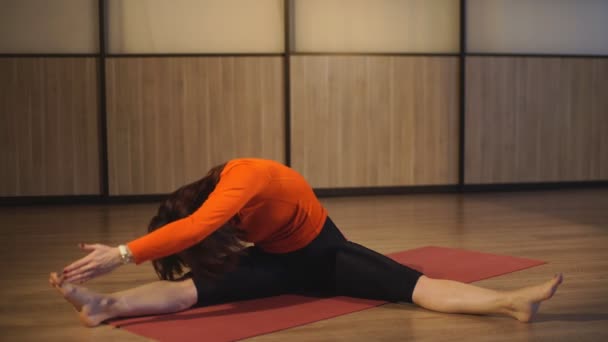 健身、 运动、 训练和人的概念 — — 微笑的女士做垫在健身房上的腹部练习 — 图库视频影像