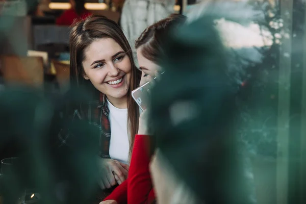 Dos hermosas mujeres tomando café y charlando en la cafetería —  Fotos de Stock