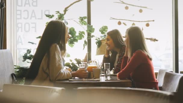 Amigos de la compañía hablando en un café y divirtiéndose — Vídeos de Stock