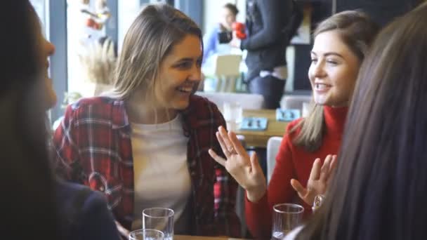 Vier vrouwelijke vrienden genieten van spreken in café — Stockvideo