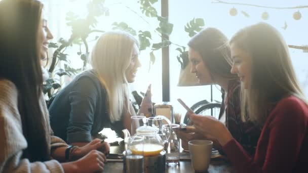 Quatre amis regardent le téléphone et rient — Video