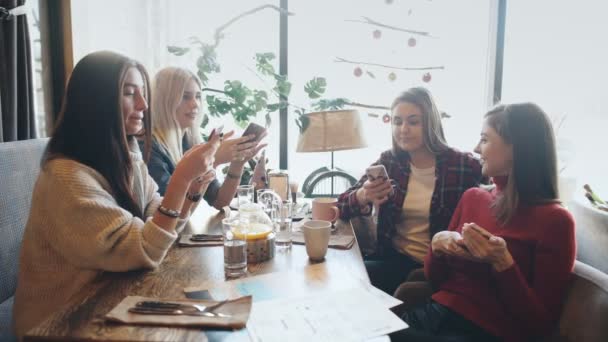 Roddelen door de cocktail. vier aantrekkelijke jonge vrouwen het drinken van cocktails in winkelcentrum en hebben een gesprek met hun vriend — Stockvideo