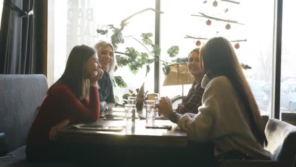 Εταιρεία φίλων μιλώντας σε μια καφετέρια και έχει τη διασκέδαση — Αρχείο Βίντεο