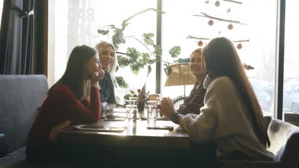 Bedrijf vrienden praten in een cafe en plezier — Stockvideo