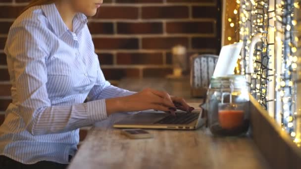 Woman working with laptop in cafe, smiling and looking at the camera. — Stock Video