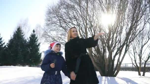 Happy family mother and baby girl daughter run, walk playing in winter outdoors in the snow — Stock Video