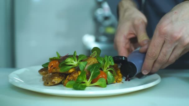 O cozinheiro derrama o molho em um prato para servir — Vídeo de Stock