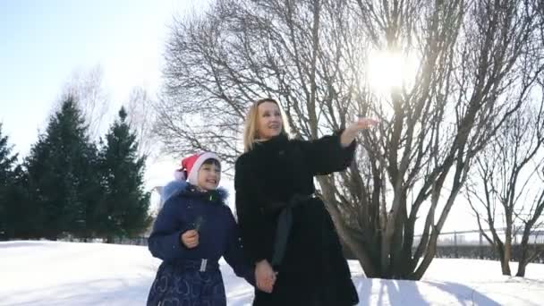 Mutlu aile anne ve bebek kız kız koşmak, yürümek Kışın açık havada karda oynarken — Stok video