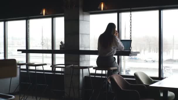 Милая молодая женщина менеджер работает с ноутбуком рядом с большим окном — стоковое видео