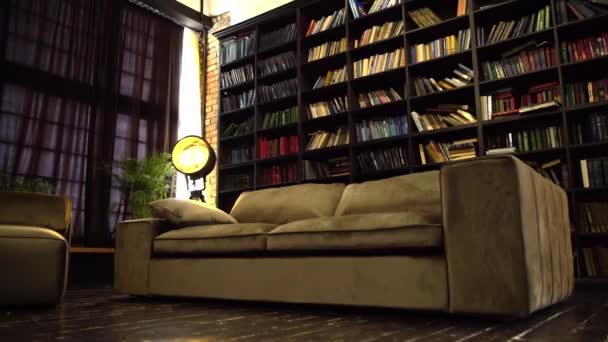 Oturma odasındaki kanepe. İçi kırmızı tuğla duvar ve kitaplıklarla dolu. — Stok video