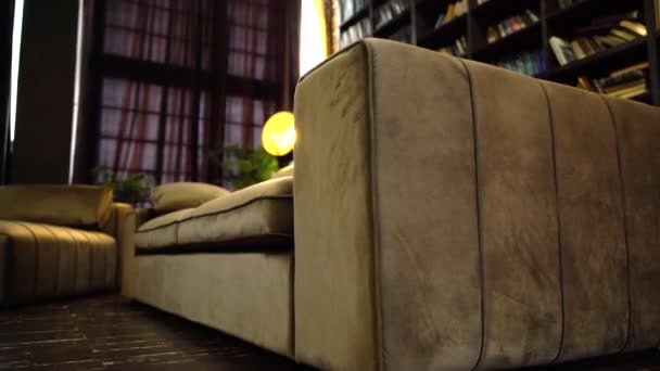 Beige sofa against a red brick wall and books — Stock Video