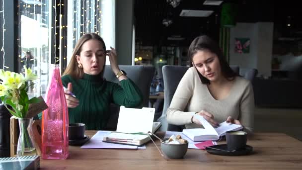 Dos atractivas empresarias sonrientes trabajando juntas mientras están sentadas en el café en el interior — Vídeos de Stock