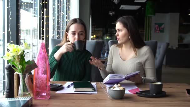 Duas jovens empresárias bebem café em um café e discutem o trabalho — Vídeo de Stock