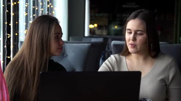 Duas mulheres de negócios estão trabalhando ativamente em um laptop em um café e discutindo o trabalho — Vídeo de Stock