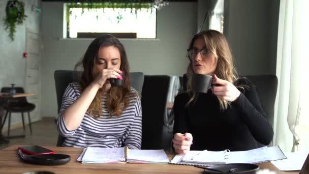 Bela empresária discutindo documentos em um café sobre uma xícara de café — Vídeo de Stock