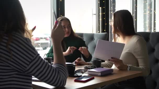 Gruppe glücklicher Geschäftsleute beim Analysieren von Geschäftsdiagrammen in einem Café. — Stockvideo
