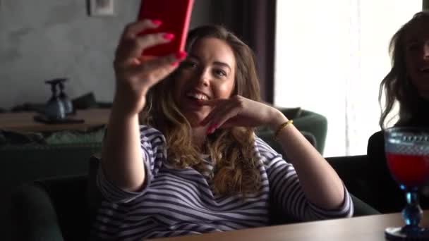 Una joven está sentada en un café con sus amigos, tomando una selfie — Vídeo de stock