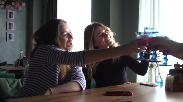 Mladí lidé v restauraci roztleskávání s brýlemi vína — Stock video