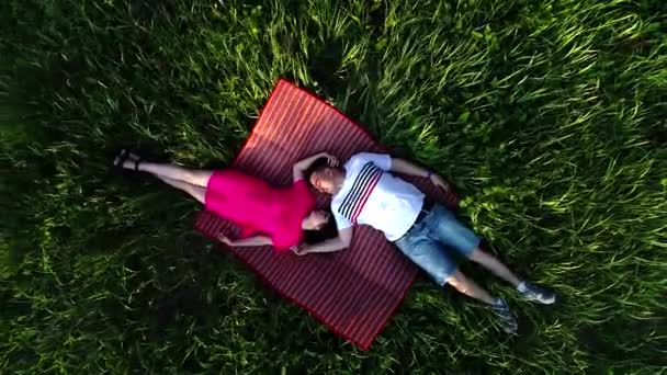 Una pareja enamorada yace en el bosque, en la hierba. la vista desde la parte superior — Vídeos de Stock