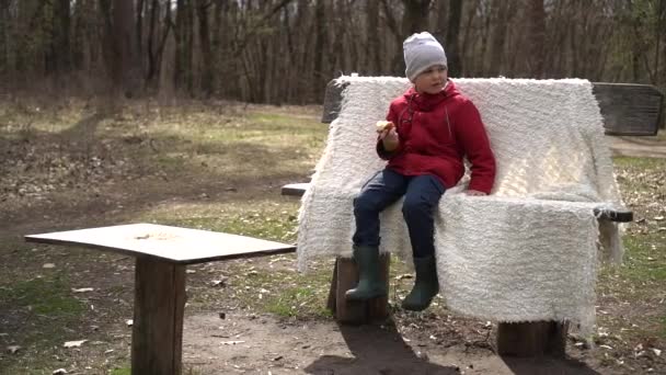En liten pojke i en röd jacka i parken sitter på en bänk och äter ett äpple — Stockvideo