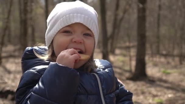 小さな女の子が森の中の丸太の上に座りおいしいクッキーを食べます — ストック動画